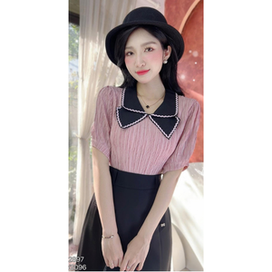 Made in Vietnam ODM All Seasons Women Modal <b>Short</b> <b>Sleeve</b> Raglan <b>Sleeve</b> <b>Blouse</b> <b>with</b> Black Bow <b>Collar</b> Formal Solid Top - Product Image 4