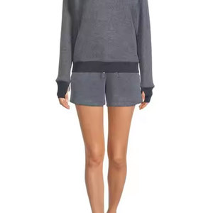 Shorts gris tricotés pour femme avec cordon de serrage à la taille, taille mi-haute, style décontracté, respirant, mélange coton élasthanne, coupe classique - Product Image 4