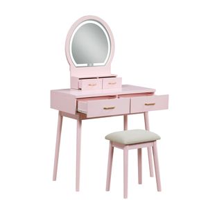 Bellissima Toeletta Rosa con Specchio e Sgabello, Set di Mobili per Camera da Letto con Cassetti Portaoggetti, Vanità per il Trucco - Product Image 3