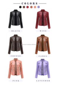 Venta al por mayor OEM/ODM lavanda motorista de cuero de las mujeres Slim Fit acolchado transpirable viscosa Stand Collar cremallera cierre chaquetas personalizadas - Product Image 4