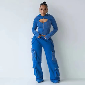 Survêtement décontracté pour femme, veste bleue à fermeture éclair avec pantalon cargo élégant, survêtements personnalisés avec logo pour femme - Product Image 5