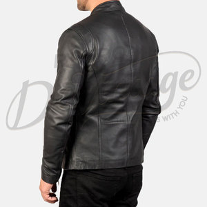 Chaqueta de Cuero Negra para Hombre, Estilo Motero, Corte Ajustado, Piel de Oveja Auténtica, Otoño Invierno, Casual, con Cuello Mao - Product Image 4