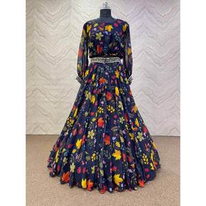SÉQUENCE DE BRODERIE FANTAISIE GEORGETTE IMPRIMÉE NUMÉRIQUE LEHENGA AVEC COUSSÉ CHOLI NOIR - Product Image 1