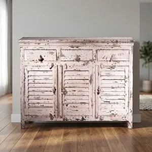 Buffet en bois blanc vieilli de style vintage avec trois portes à persiennes et trois tiroirs, console de rangement rustique de style farmhouse - Product Image 3