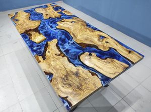 Table à manger en chêne blanc massif avec bord naturel et résine de charbon de bois, durable, faite à la main, design moderne pour restaurant, entrepôt, supermarché - Product Image 4