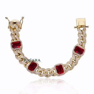925 Gold Plated Moissanite Cuban <b>Bracelet</b> Emerald Cut <b>Red</b> Stone Bezel Setting Unisex Luxury Chain <b>Bracelet</b> - Product Image 1