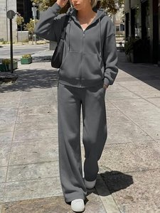 Conjunto de Sudadera con Capucha Gris, Oversize, de Algodón y Felpa, Casual, de Color Sólido, con Cierre, Pantalones Joggers, para Otoño, Unisex - Product Image 4