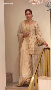 Heavy Chinon Silk with 5mm Sequence work & Bell Sleeve-<b>Beads</b> Border Short-Suit-5mm Plazzo-Set Indian Exporter Woman Fashion - Product Image 3