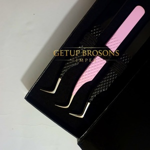 Ensemble de pinces à cils anti-magnétiques à pointe lisse en acier inoxydable de précision, rose et noir, dans un emballage en boîte - Product Image 2