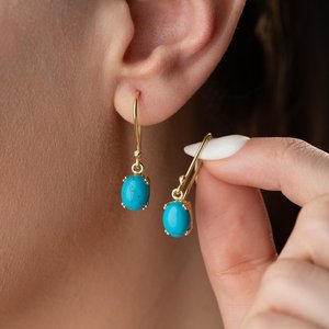 Turquoise Drop Earrings Vibrant Blue Oval <b>Stone</b> 925 Sterling Silver 14K Gold Plated Vermeil Dangle Boho Jewelry - Product Image 5