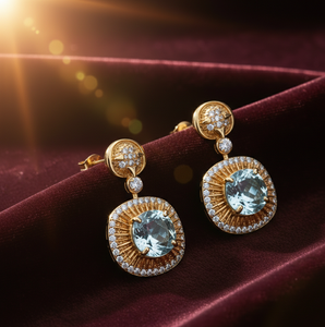 Boucles d'oreilles tendance en topaze bleue hydro-cushion avec CZ |   Argent 925 plaqué or 18 carats |   Boucles d'oreilles pendantes de 4 pouces |   Cadeau pour elle - Product Image 1