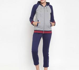 <b>Women's</b> Gray <b>Navy</b> Color Blocked Hooded Sweatshirt And Jogger Set Full Sleeve Solid Casual Two Piece Outfit Breathable - Product Image 1