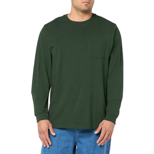 Men's Green Long Sleeve Crew Neck T-Shirt With Chest Pocket Regular Fit Casual Wear 100% Cotton Jersey Fabric - Product Image 3
