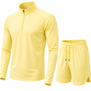 Fasmic International Men's Quarter-Zip Pullover Shorts <b>Set</b> Solid Breathable Anti-Pilling <b>Knitted</b> 100% Polyester Casual Spring - Product Image 2