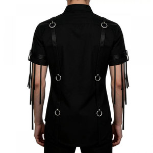 <b>Men's</b> Black Gothic Punk Shirt Short Sleeve Button Down D-Ring Fringed Sleeves Faux Leather Panel Factory Supplies - Product Image 3