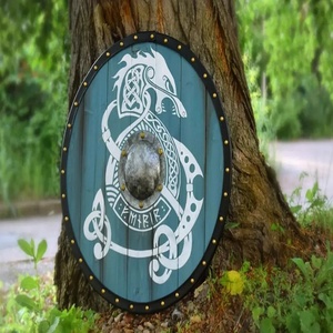 Ahmad Fabric Viking Shield with White Dragon Design Teal Ply <b>Wood</b> & Carbon Steel Finish Metal Center <b>Spike</b> Shield DIY Grade - Product Image 5
