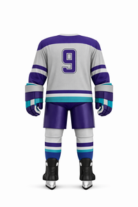 Men's <b>Ice</b> Hockey Jersey Set Full Sleeve V-Neck Striped Purple White Blue Sublimated Moisture Wicking Polyester Winter Apparel - Product Image 2