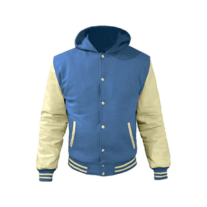 Custom <b>Light</b> Blue Wool Body and Cream Leather Sleeves Hooded Varsity <b>Jacket</b> - Product Image 2
