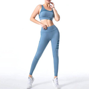 High Quality Quick Dry Women <b>Blue</b> Sports Set Tummy Control Fitness Leggings High Impact Sports <b>Bra</b> Mesh Activewear Set Wholesale - Product Image 1