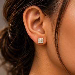 Pendientes de Oro Sólido de 14K y 18K con Diamantes Cultivados en Laboratorio de Corte Redondo, Diseño de Cuadrícula de Nueve Piedras, 0.18Ct DEFVVS, Regalo de Cumpleaños, Venta al Por Mayor - Product Image 2