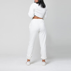 Women <b>White</b> Cotton <b>Tracksuit</b> Set Crew Neck Crop Top Full Length Pants Elastic Waist Loose Fit Casual Wear Spring Style - Product Image 2