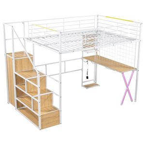 Letto a soppalco in metallo bianco a grandezza naturale con LED integrati per bambini, con postazione studio, armadio e scala contenitore - Product Image 5