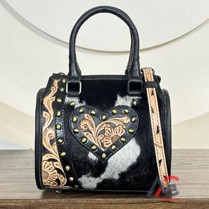 Sac bandoulière Speedy en cuir de vachette véritable, fait main, avec motif cœur gravé et cloutage, en cuir à poils, pour femme - Product Image 1