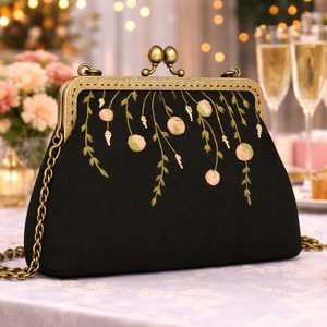 Black Embroidered Clutch Bag With Gold Chainand jewelry bag Closure Envelope Shape <b>Hinged</b> Perfectly Design packaging - Product Image 5