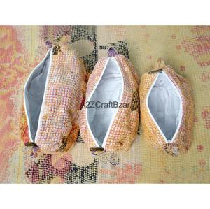 Cotton Kantha Fabric Eco-Friendly Durable Multi-Function Cosmetic Organizer <b>Case</b> Zipper Closure Soft Handle Lightweight Tassel - Product Image 5