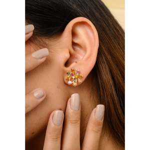18K Solid Gold Floral Stud <b>Earrings</b> with Natural Rainbow Sapphires Pear Cut Diamonds & Emerald - Product Image 4