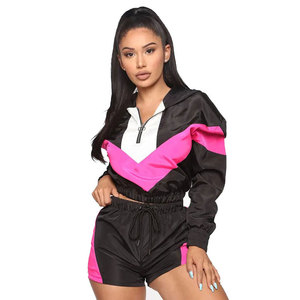 <b>Women</b> Color Block Black Pink Tracksuit Set Hooded Crop <b>Jacket</b> With Matching Shorts Sportswear Streetwear Spring Casual Wear - Product Image 4
