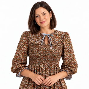 Women’s Ditsy Floral Midi <b>Dress</b> with Ruffled Peter Pan Collar Smocked Bodice and Three Quarter Puff Sleeves - Product Image 5