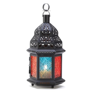 Lanterne en fer avec panneaux en verre bleu gaufré, design géométrique, décoration d'intérieur, porte-bougie - Product Image 4