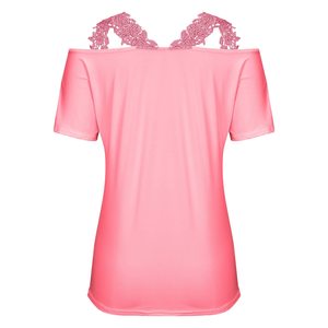 Women summer cotton blouse <b>heart</b> print floral applique lace trim off shoulder breathable long casual <b>top</b> - Product Image 1