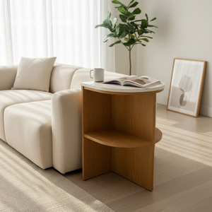 Table d'appoint et de chevet moderne pour chambre et salon, avec étagère et 2 tiroirs, en bois d'hévéa écoresponsable du Vietnam et placage MDF, garantie 1 an - Product Image 2