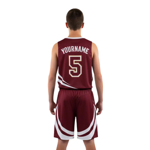 Conjunto de uniforme de baloncesto juvenil para niños, camiseta sin mangas con cuello en V, pantalones cortos holgados a juego, diseño de rayas curvas, nombre del equipo, números 100% - Product Image 2
