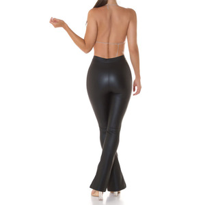 High Waisted PU Flare Pants <b>Women</b> Sexy Club Wear Full Length Skinny Fit Solid Black Leather Look Trousers - Product Image 3