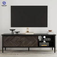 Meja TV Kayu Akasia Solid Desain Panel Herringbone Rustic Modern Konsol Media untuk Ruang Tamu Kamar Tidur Tahan Lama