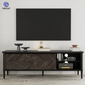 Mueble para TV de Madera Maciza de Acacia, Diseño de Panel en Espiga, Consola Multimedia Rústica Moderna para Sala de Estar o Dormitorio, Duradera - Product Image 6