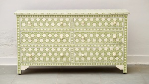 Indian Artisan Made Fully Handcrafted Bone Inlay Green Dresser <b>6</b> <b>Drawers</b> Mediterranean Style Living Room Cabinet Antique - Product Image 2