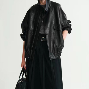 Hot Selling Women's for Loose Custom 100% Cotton Stand Collar Winter Genuine <b>Sheepskin</b> Motorcycle Leather <b>Jacket</b> - Product Image 4