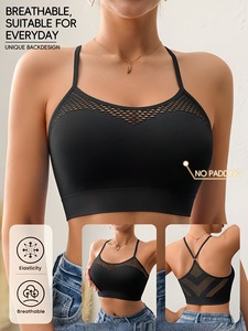 Pullover Moisture Wicking Sports Bra Geometric Net Detailing Spaghetti Y Back Design Seamless Workout <b>Crop</b> <b>Top</b> Blanks - Product Image 4