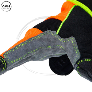 Gants de travail pour mécaniciens orange haute visibilité, pointes des doigts réfléchissantes, paume rembourrée grise, dos en spandex flexible, gants utilitaires - Product Image 5