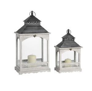 Farol de Madera Rústico Hecho a Mano con Paneles de Vidrio, Asa de Cuerda, Portavelas, Centro de Mesa para Jardín - Product Image 1
