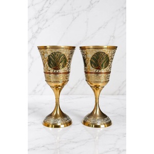 Vintage Brass <b>Goblets</b> Set Of 2 Handmade Gold Rimmed Bell Shape <b>Wine</b> Cups Wedding Decor - Product Image 1