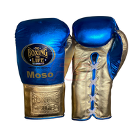 No Boxing No Life Mavi Altın Sığır Derisi Boks Eldivenleri 16oz Bağcıklı Bilek Kapatmalı Profesyonel Antrenman Ekipmanı