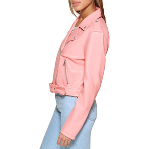 Veste en cuir PU rose pour femme, style moto, manches longues, fermeture éclair, col rabattu, couleur unie. - Product Image 4