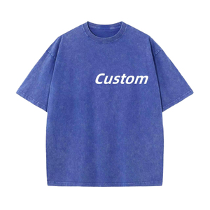 T-shirts pour hommes personnalisés, coupe carrée courte, en tissu épais, style oversize, vintage, délavé à la pierre, avec impression en relief et couleur contrastante - Product Image 1