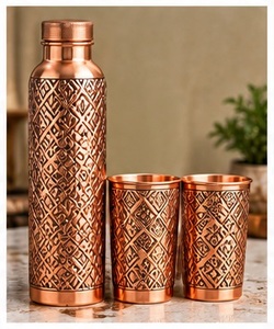 Artisnal Copper Water Bottle Set with <b>2</b> <b>Cups</b> Leaf Engraved Vintage <b>Flask</b> with Lid Portable Drinkware - Product Image 5