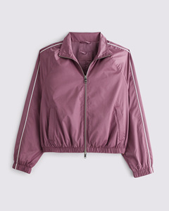 Chaqueta cortavientos morada para mujer, manga larga, cierre de cremallera, cuello alto, longitud corta, color sólido, para otoño - Product Image 1